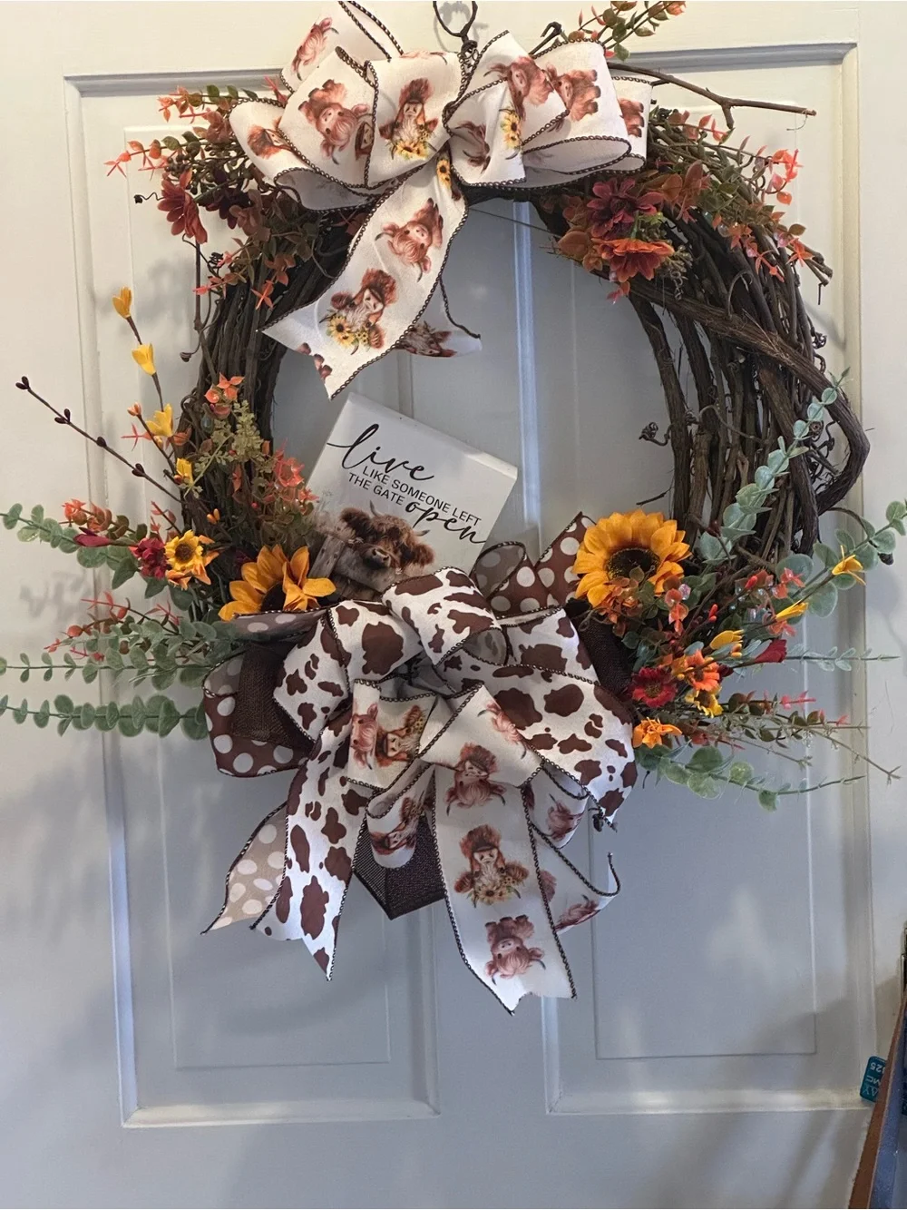Home Holiday Rustic Sunflower & Cow Print Grapevine Wreath